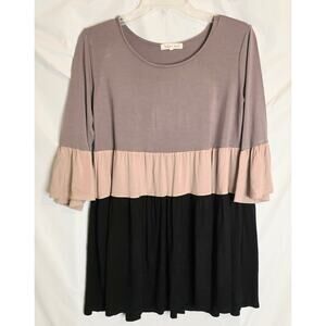 Indigo Soul Tiered Top Pullover Women's Size S Black Brown Tan Bell Sleeves